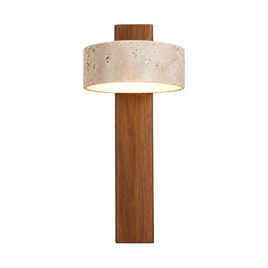 Travertine Drum and Wood Post Swivel Wall Light on a white background
