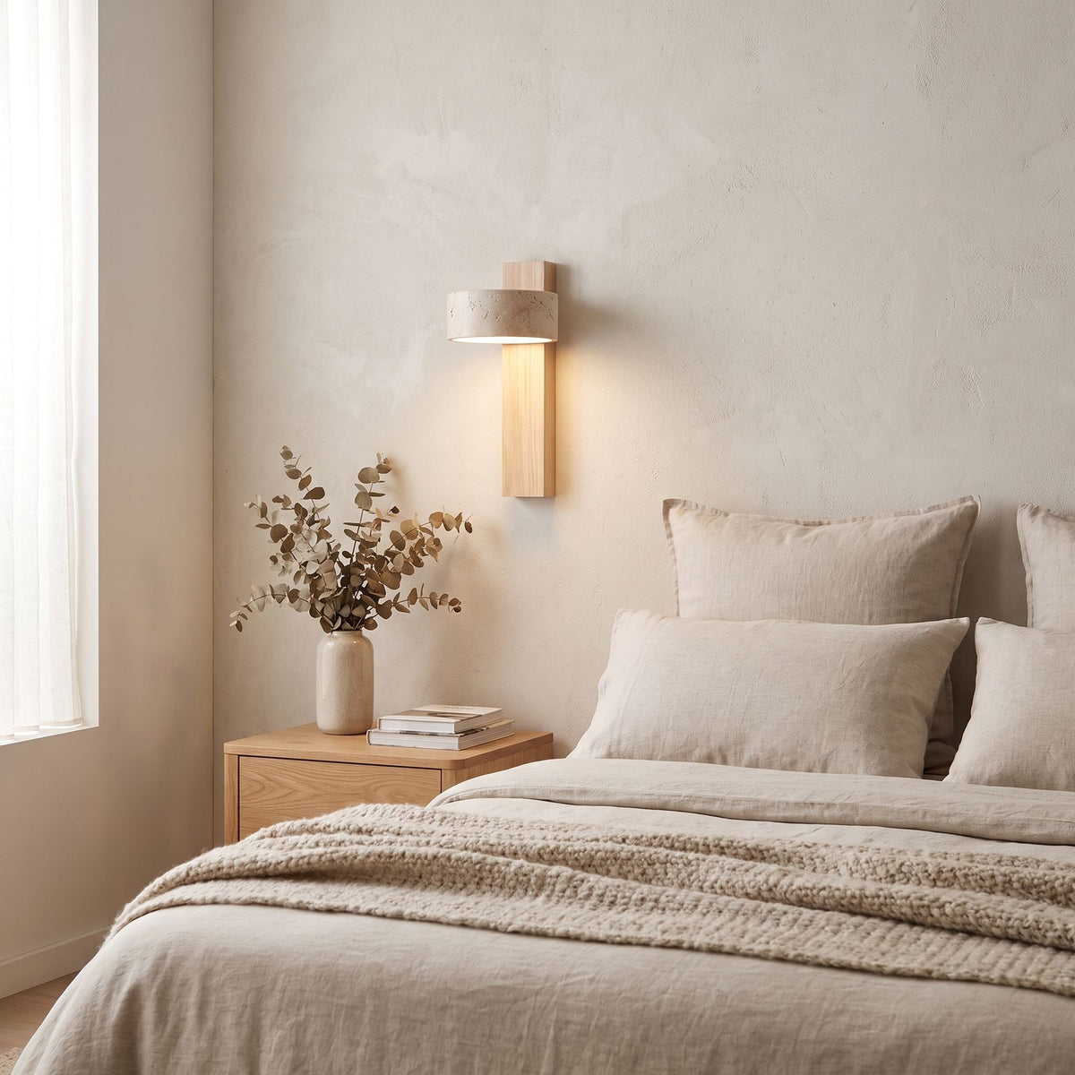 Travertine Drum and Wood Post Swivel Wall Light on a bedroom wall beside the bed