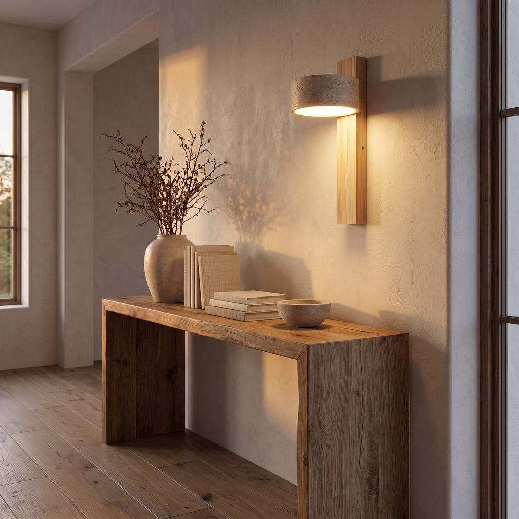Travertine Drum and Wood Post Swivel Wall Light in a hallway above a timber console