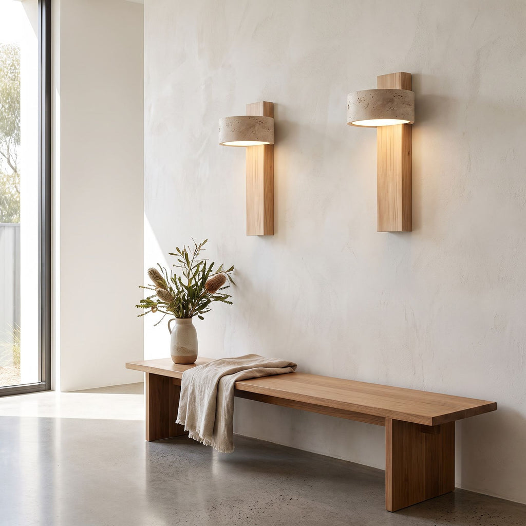 Travertine Drum and Wood Post Swivel Wall Light in a pair on a wall of an Australian home