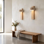 Travertine Drum and Wood Post Swivel Wall Light in a pair on a wall of an Australian home