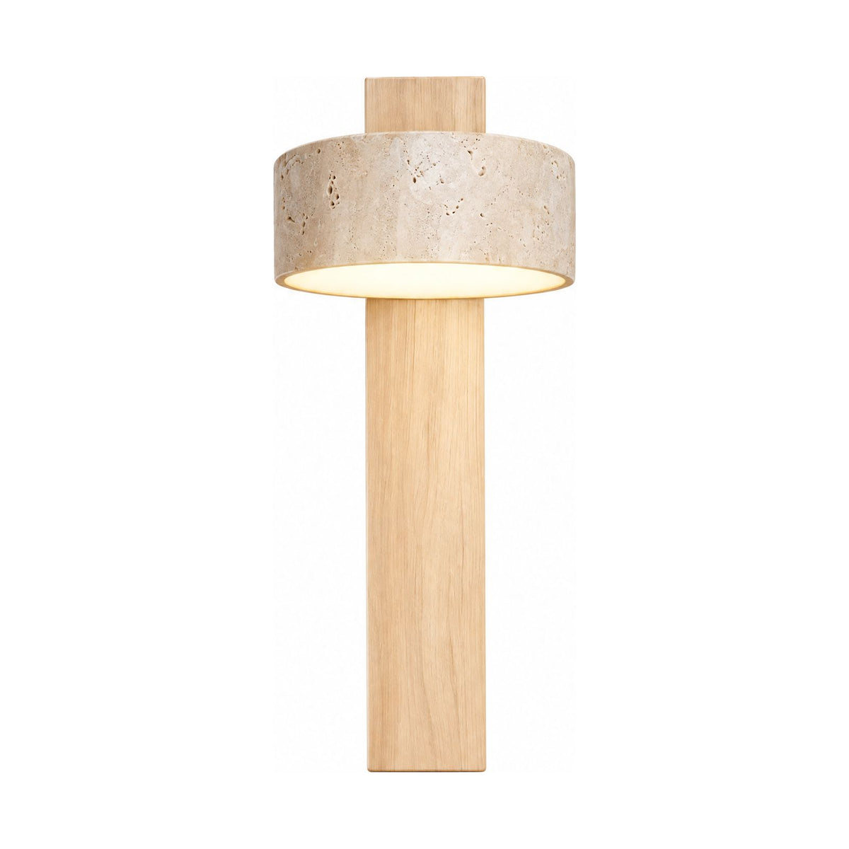 Travertine Drum and Wood Post Swivel Wall Light in Light Brown on a white background