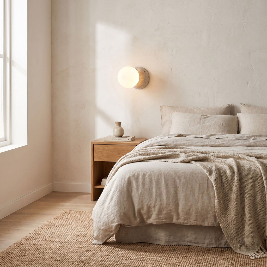 Travertine Half Dome Glass Orb Wall Light on a bedroom wall beside the bed