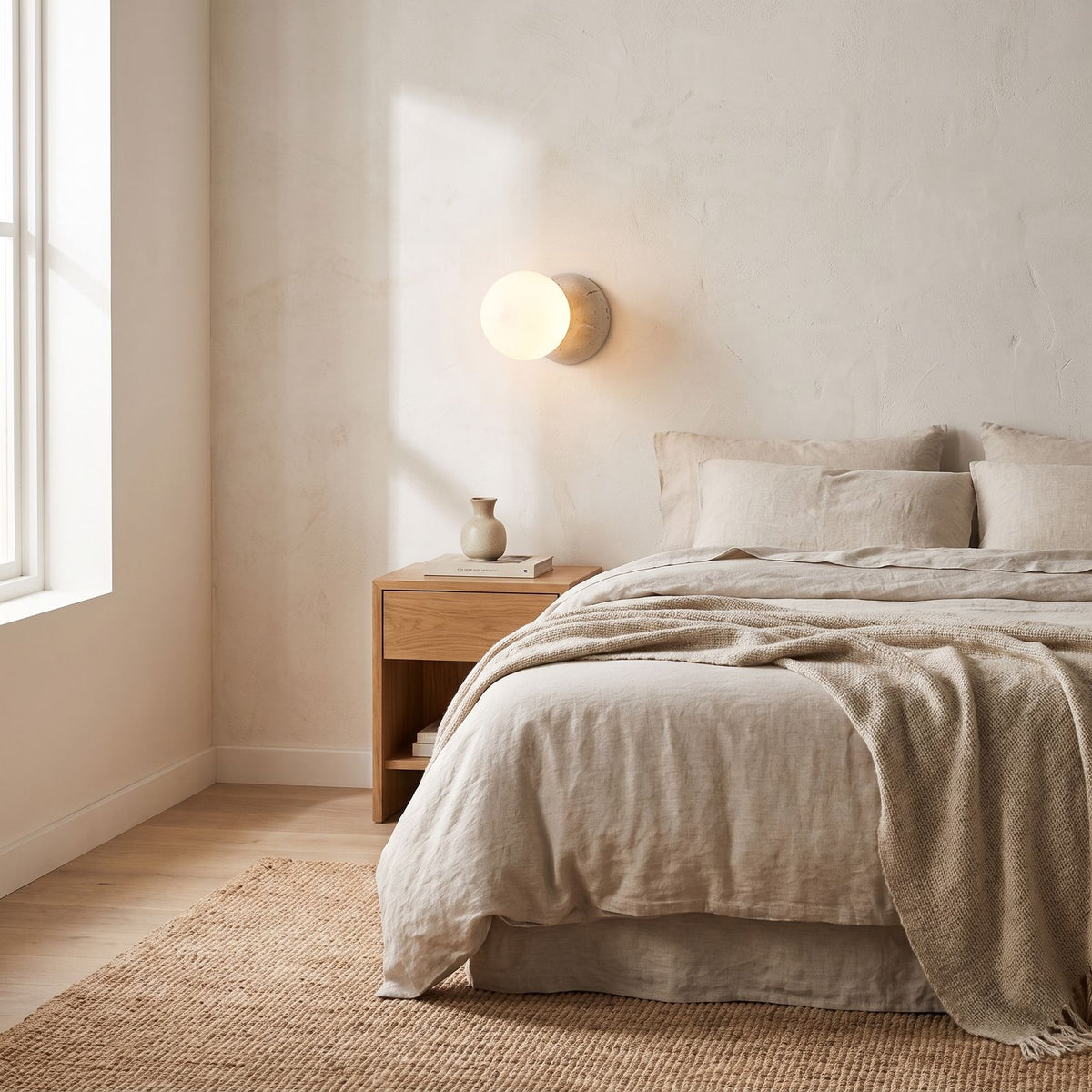 Travertine Half Dome Glass Orb Wall Light on a bedroom wall beside the bed