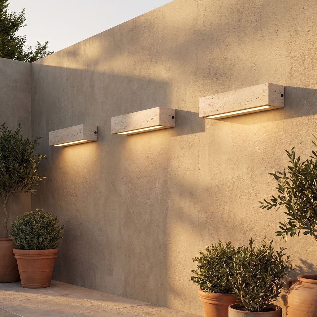 Travertine Look Resin Linear Up Down Outdoor Wall Light in a pair on the facade of an Australian home