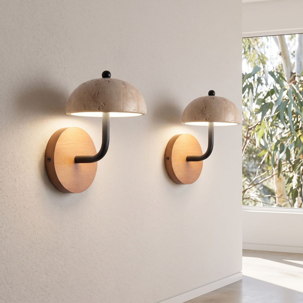 Travertine Mushroom Dome Bedside Wall Light in a pair on a wall of an Australian home