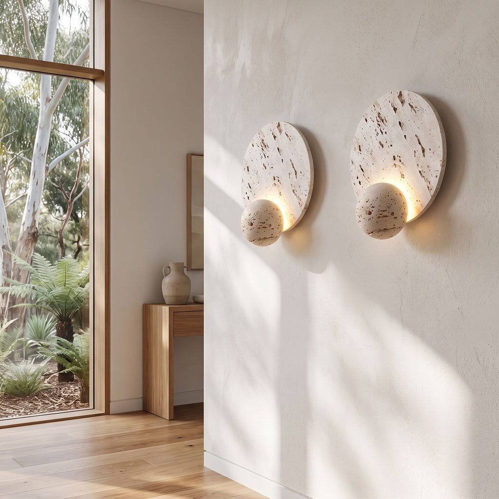 Travertine Pattern Marble Disc and Orb Wall Light in a pair on a wall of an Australian home