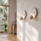 Travertine Pattern Marble Disc and Orb Wall Light in a pair on a wall of an Australian home