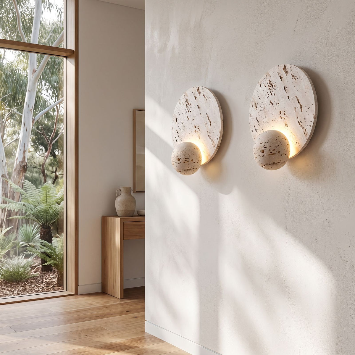Travertine Pattern Marble Disc and Orb Wall Light in a pair on a wall of an Australian home