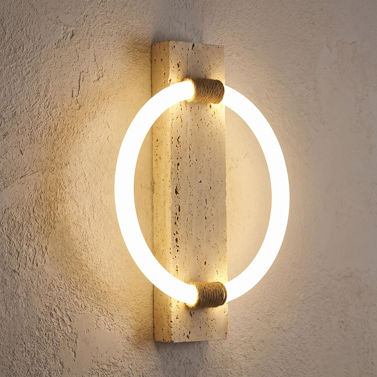 Travertine Plank and LED Ring Wall Light, close view at 45 degrees on a plaster wall