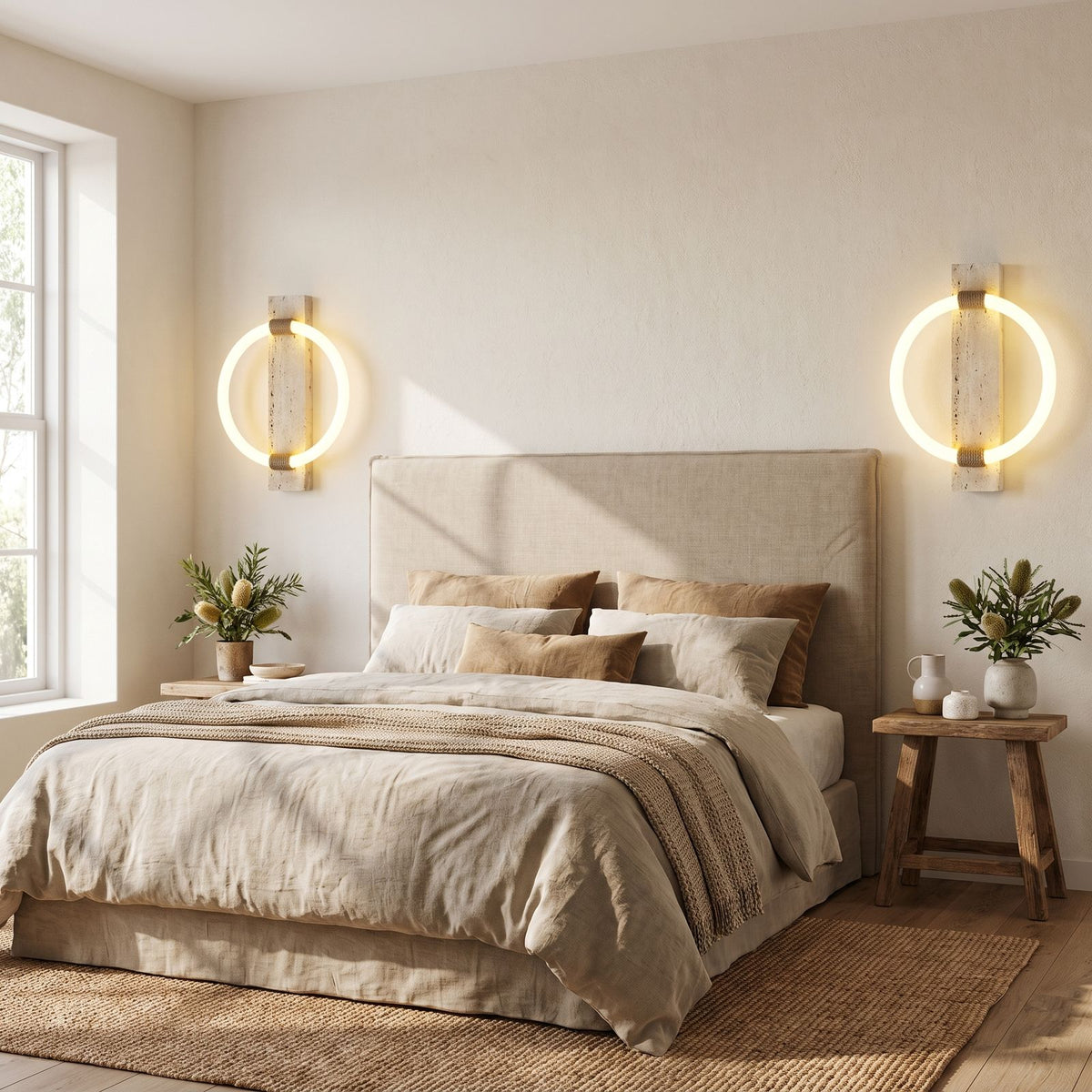 Travertine Plank and LED Ring Wall Light in a pair on a wall of an Australian home