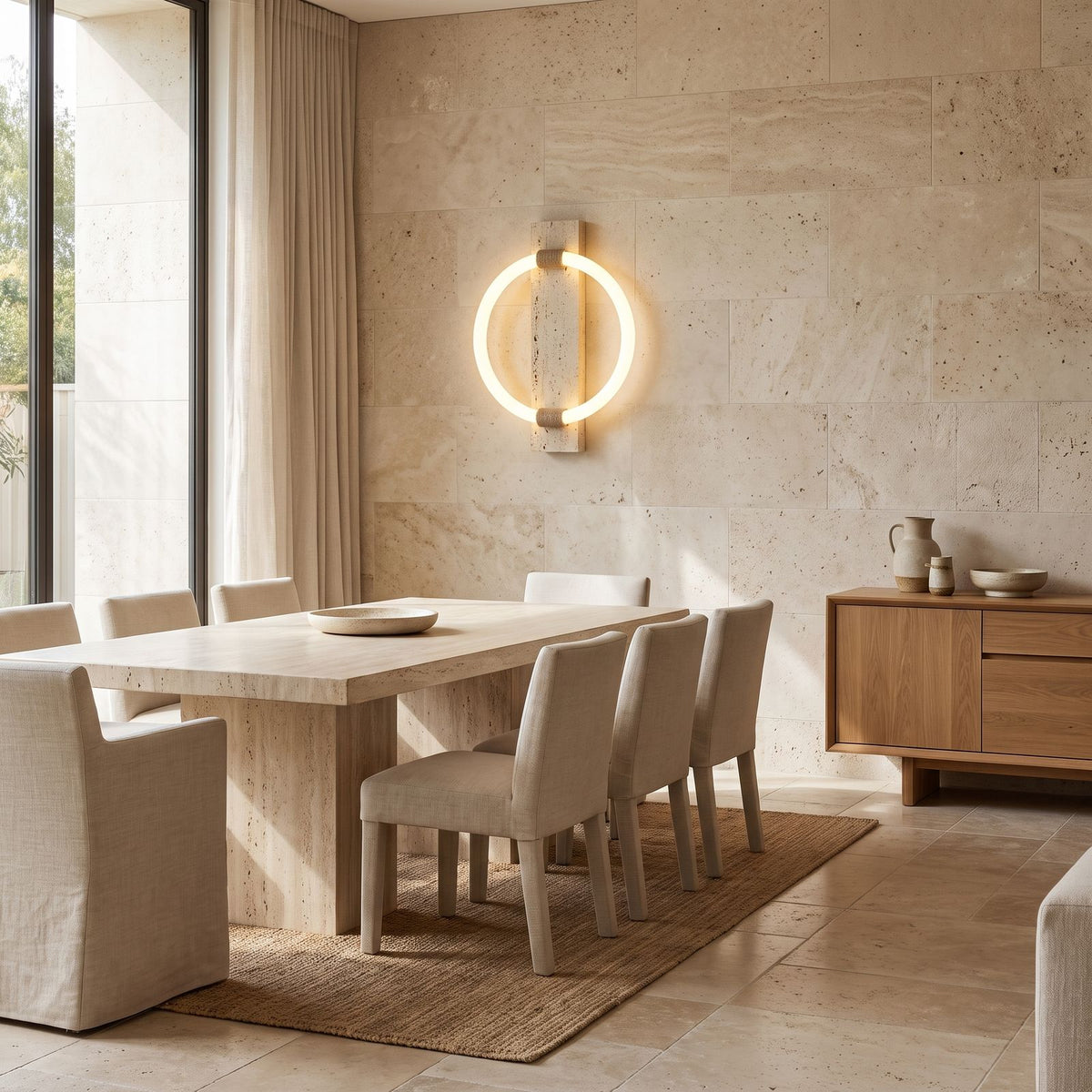 Travertine Plank and LED Ring Wall Light on a dining room wall
