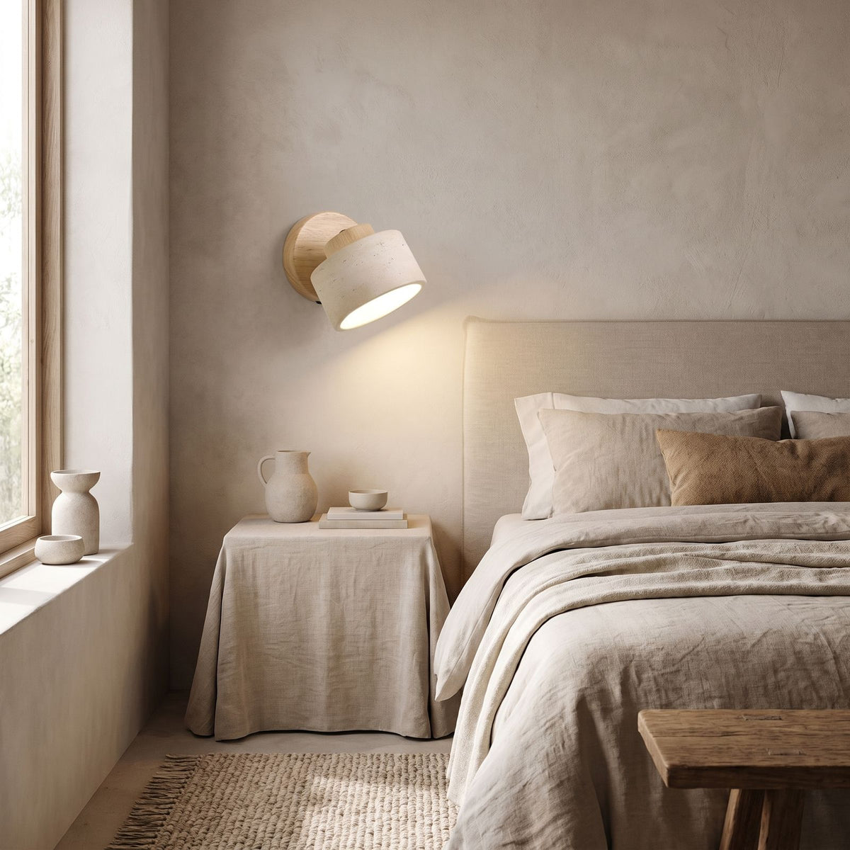 Travertine Stone Reading Wall Light on a bedroom wall beside the bed