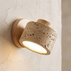 Travertine Stone Reading Wall Light, close view at 45 degrees on a plaster wall