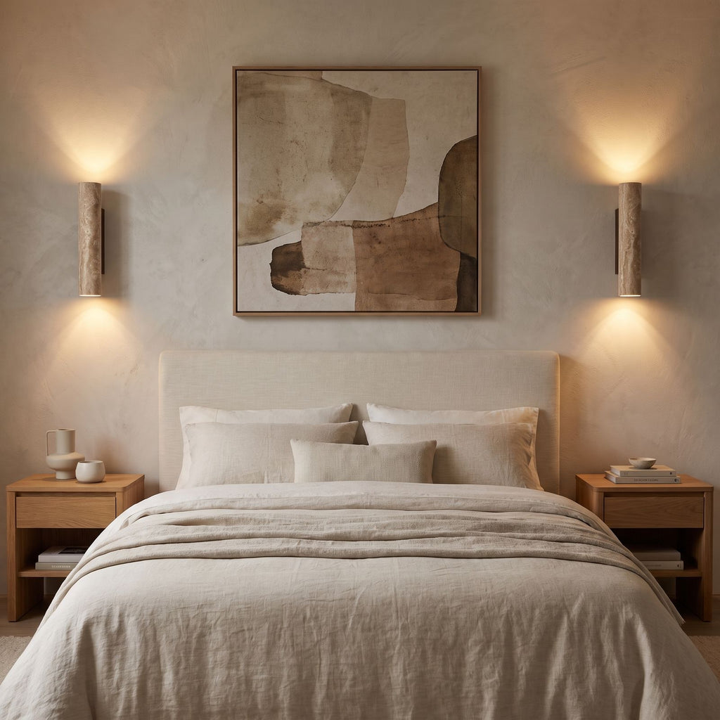 A pair of Travertine Tube Up Down Wall Lights either side of a bedhead