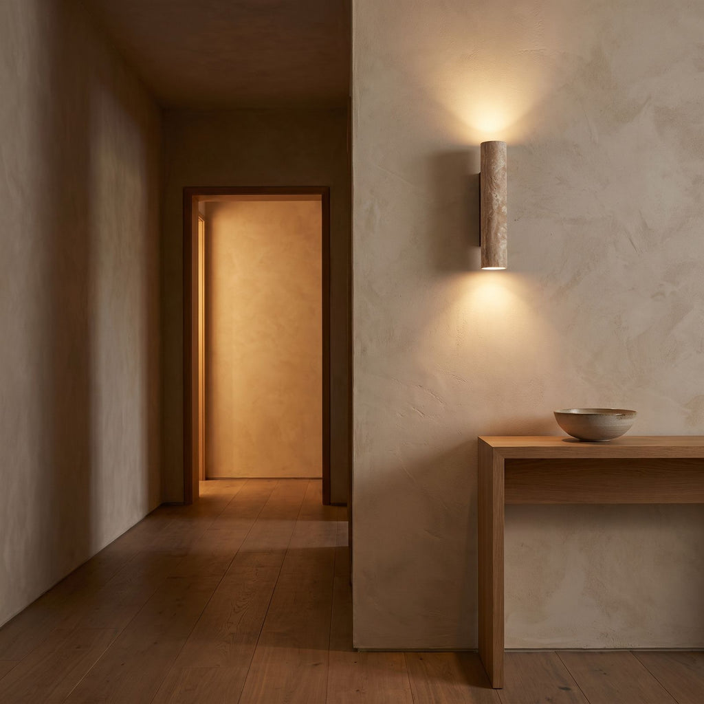Travertine Tube Up Down Wall Light in a hallway