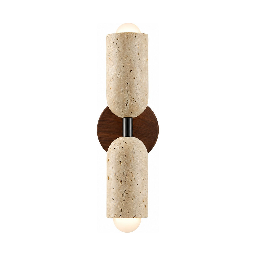 Travertine Up Down LED Wall Sconce with Wood Accent on a white background