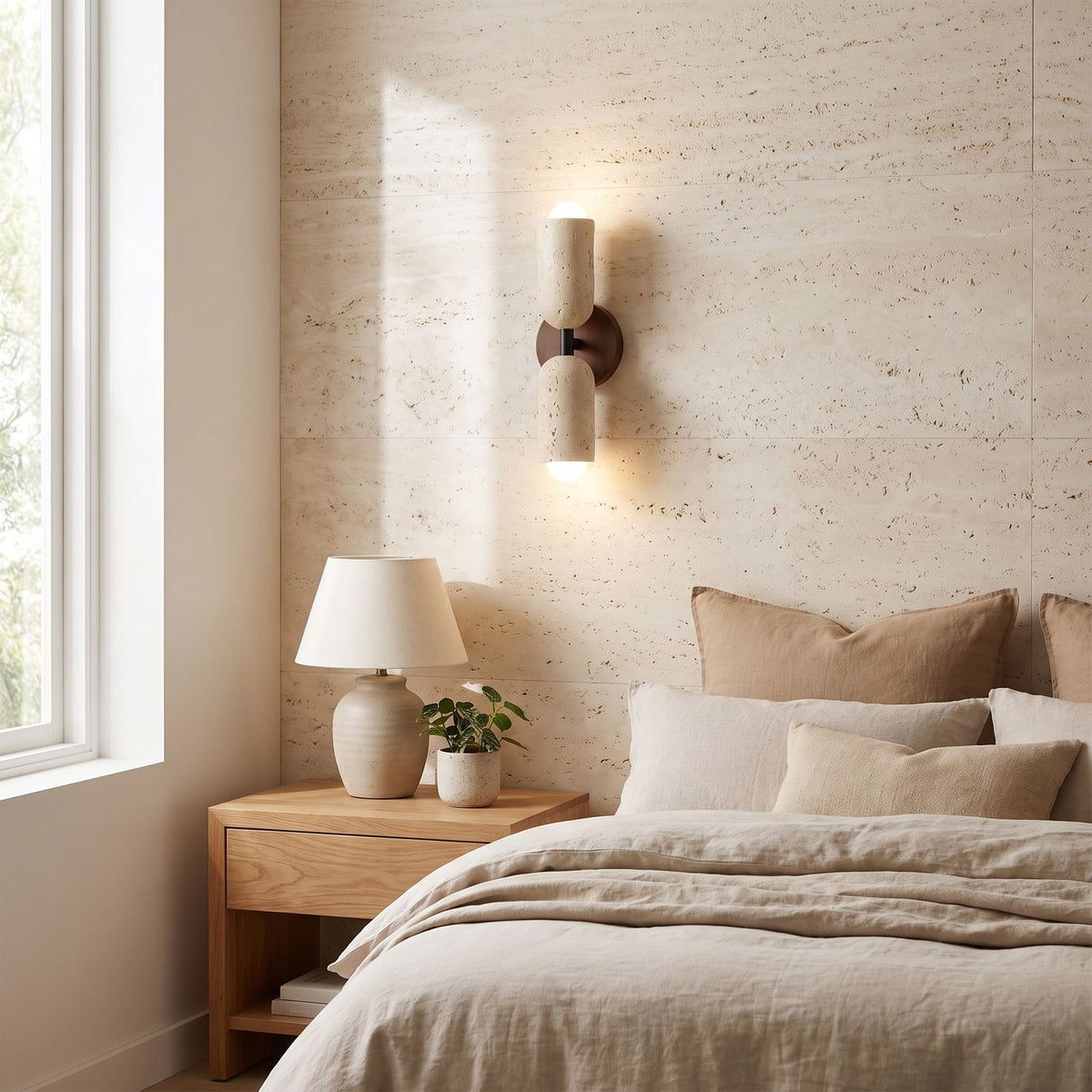 Travertine Up Down LED Wall Sconce with Wood Accent on a bedroom wall beside the bed