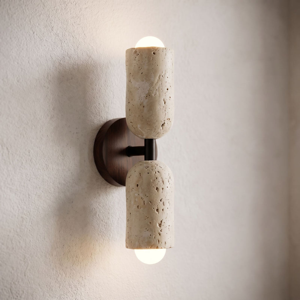 Travertine Up Down LED Wall Sconce with Wood Accent, close view at 45 degrees on a plaster wall