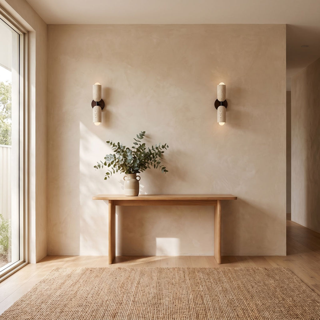 Travertine Up Down LED Wall Sconce with Wood Accent in a pair on a wall of an Australian home