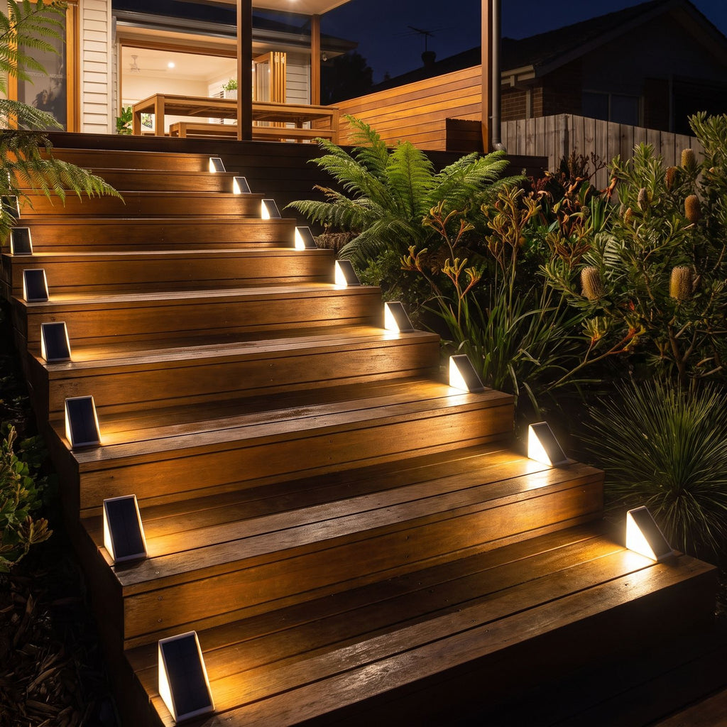 Triangular solar step lights along a timber deck staircase at night