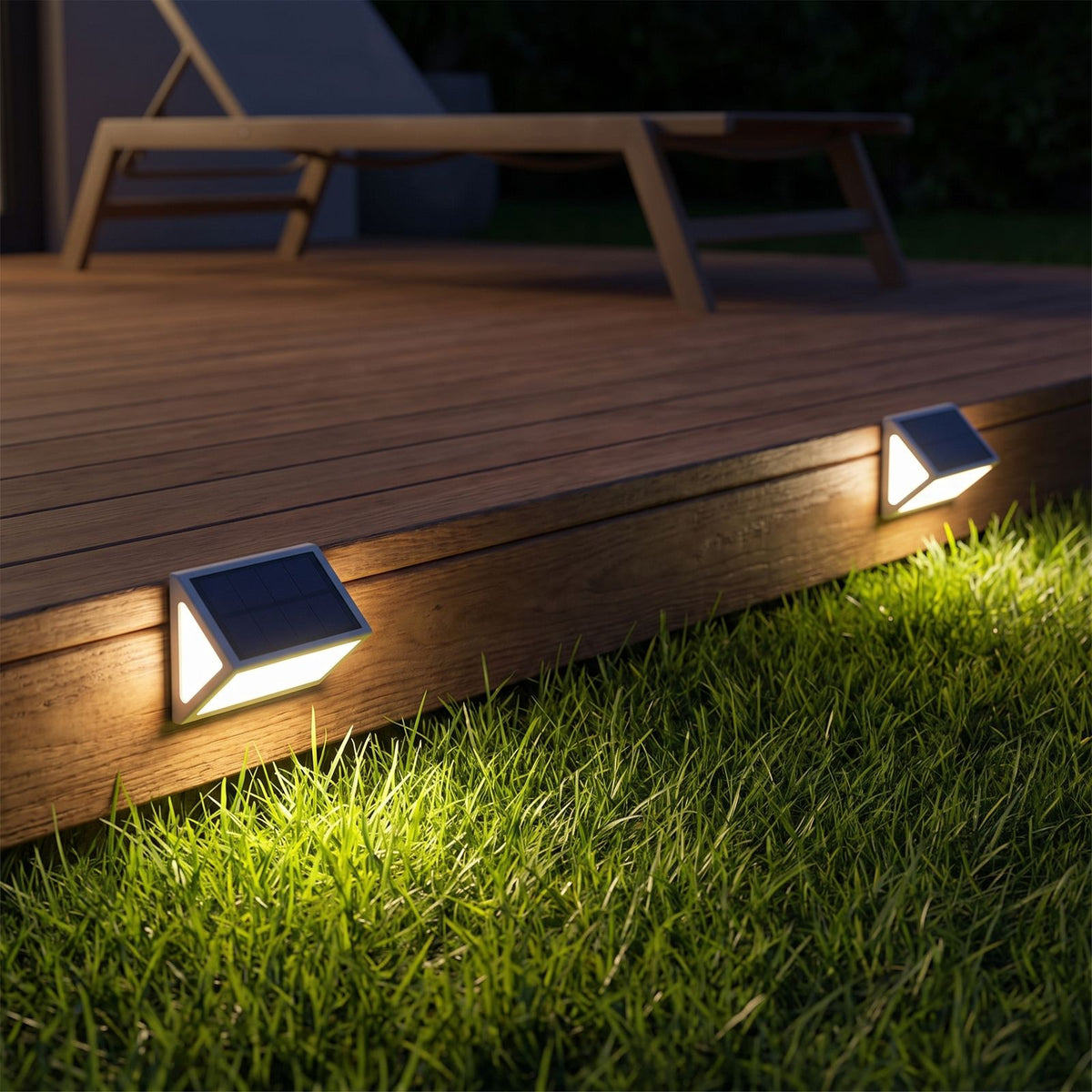 Triangular solar step lights on a timber deck step at night