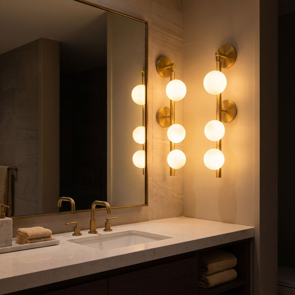 Triple Frosted Glass Orb Vertical Wall Light in a hallway above a timber console