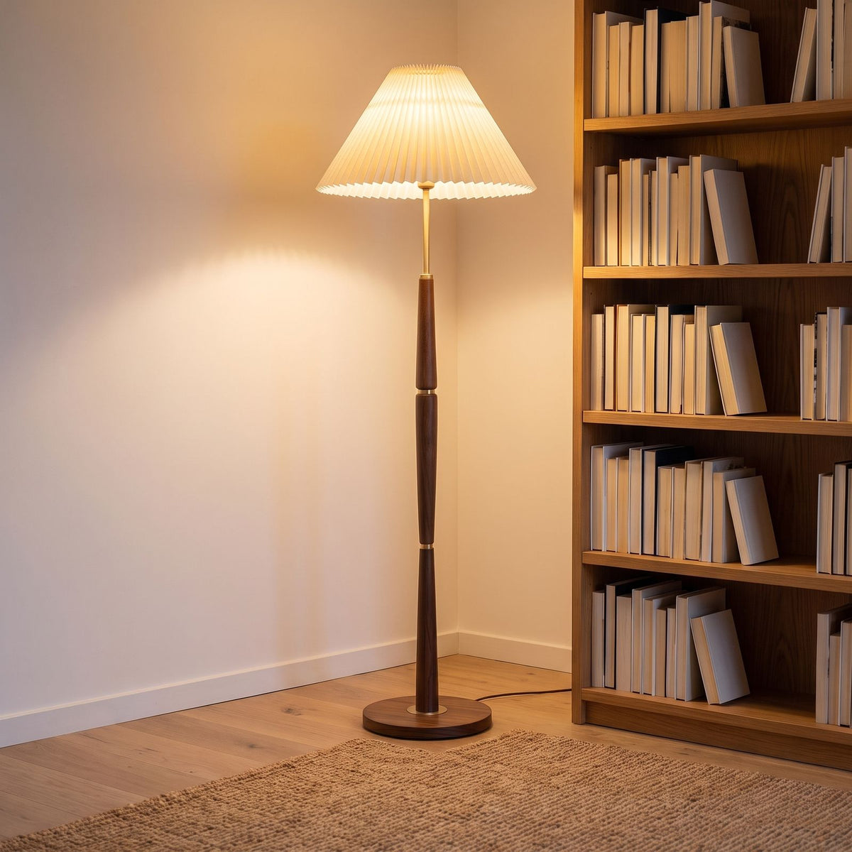 Turned wood floor lamp with pleated shade in a reading corner beside a bookshelf