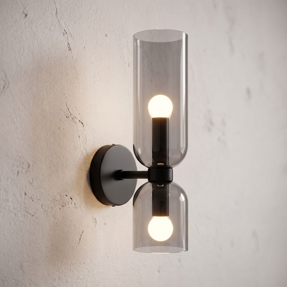 Twin Coloured Glass Shade Wall Light, close view at 45 degrees on a plaster wall