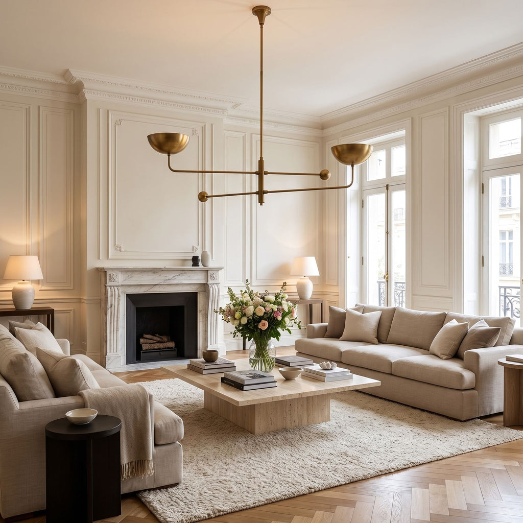 Two Arm Bowl Shade and Ball Chandelier above a coffee table in a living room in daylight