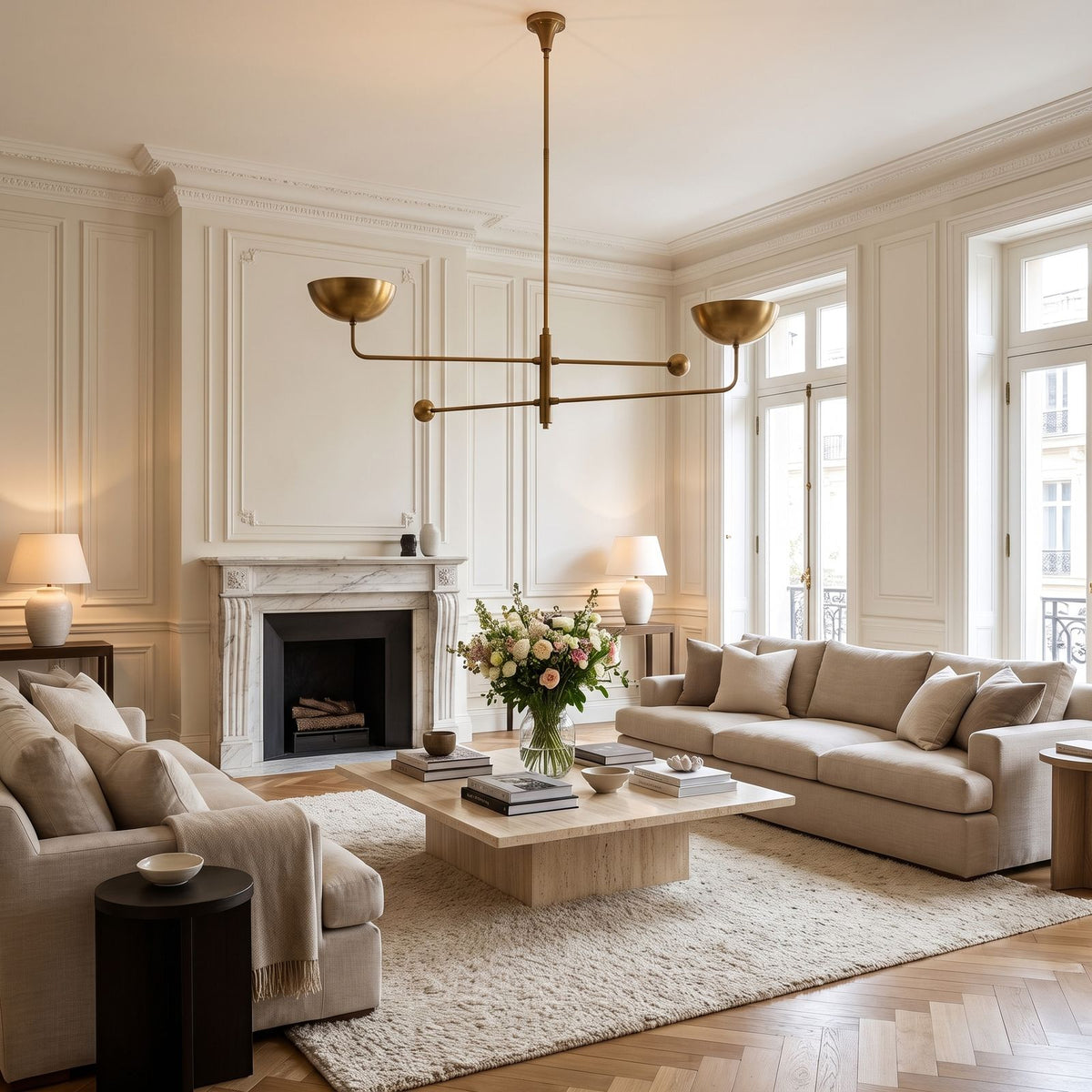 Two Arm Bowl Shade and Ball Chandelier above a coffee table in a living room in daylight