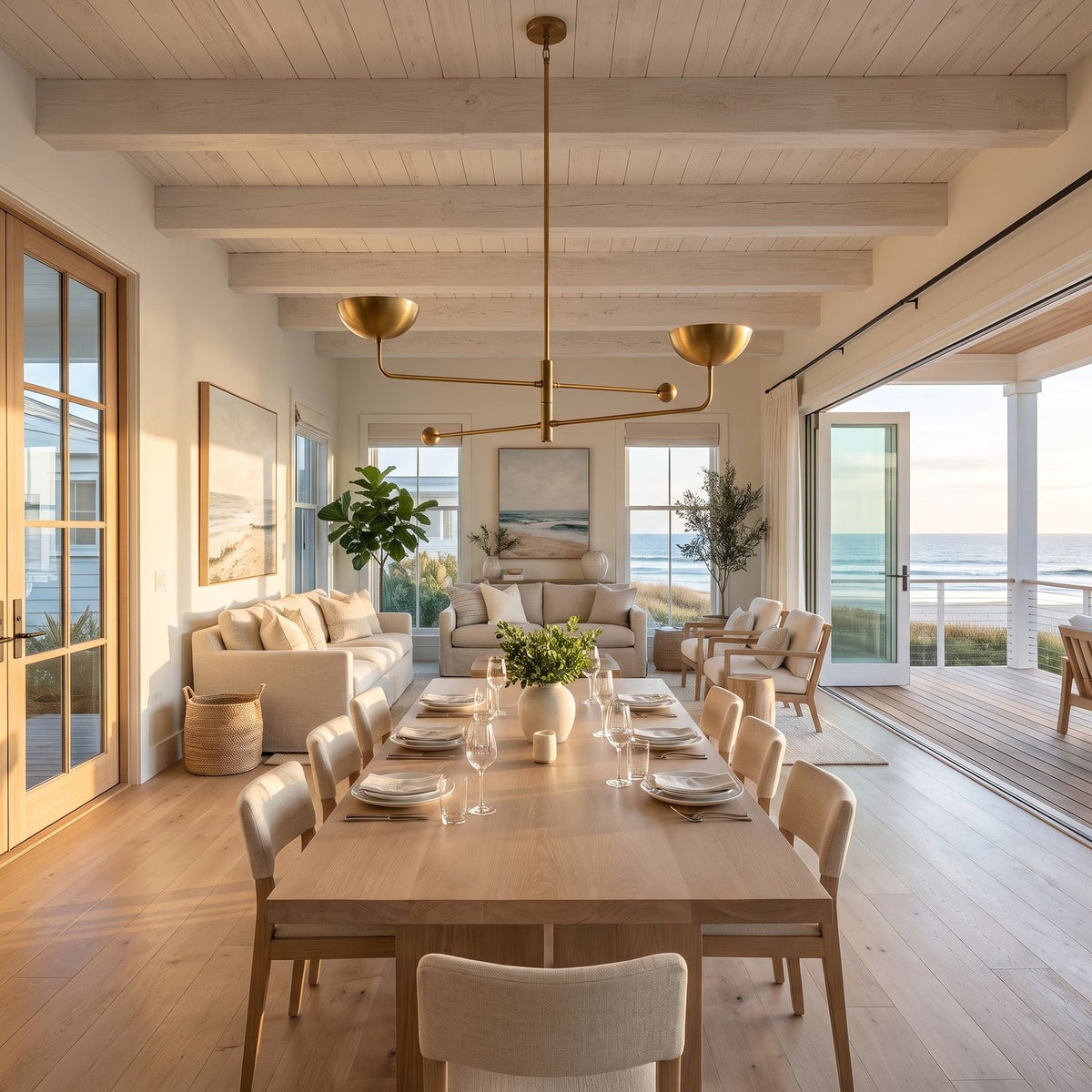 Two Arm Bowl Shade and Ball Chandelier in an open-plan living and dining room, wide view