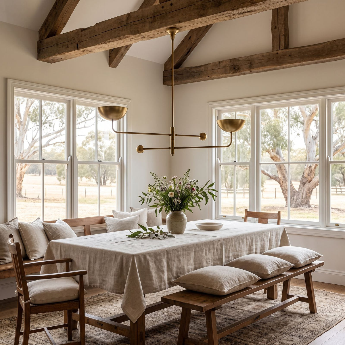 Two Arm Bowl Shade and Ball Chandelier in a styled bedroom in soft daylight