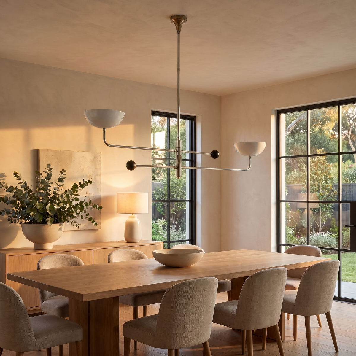 Two Arm Bowl Shade and Ball Chandelier in nickel and white above a dining table at golden hour