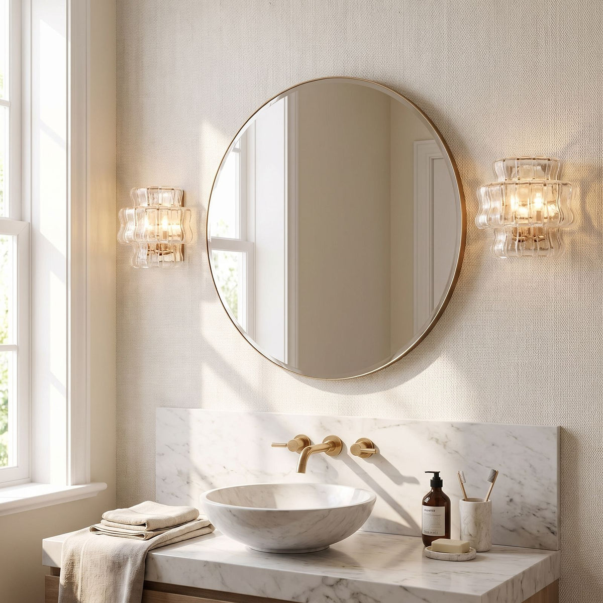 Two Tier Fluted Glass Brass Wall Sconce in a pair on a wall of an Australian home