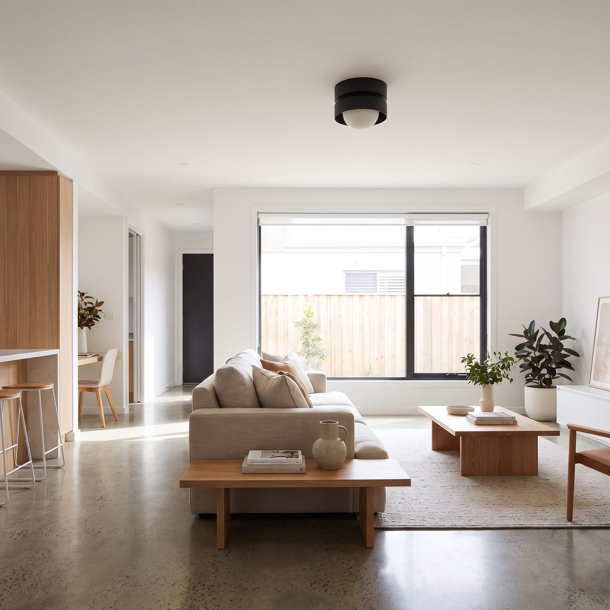 Two-tier resin drum ceiling light on a kitchen ceiling in daylight