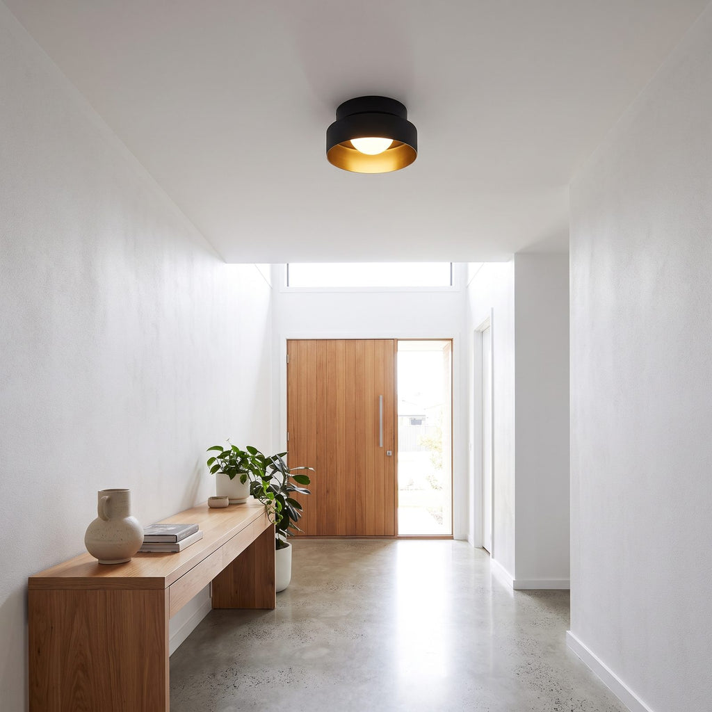Two-tier resin drum ceiling light in a pantry in daylight