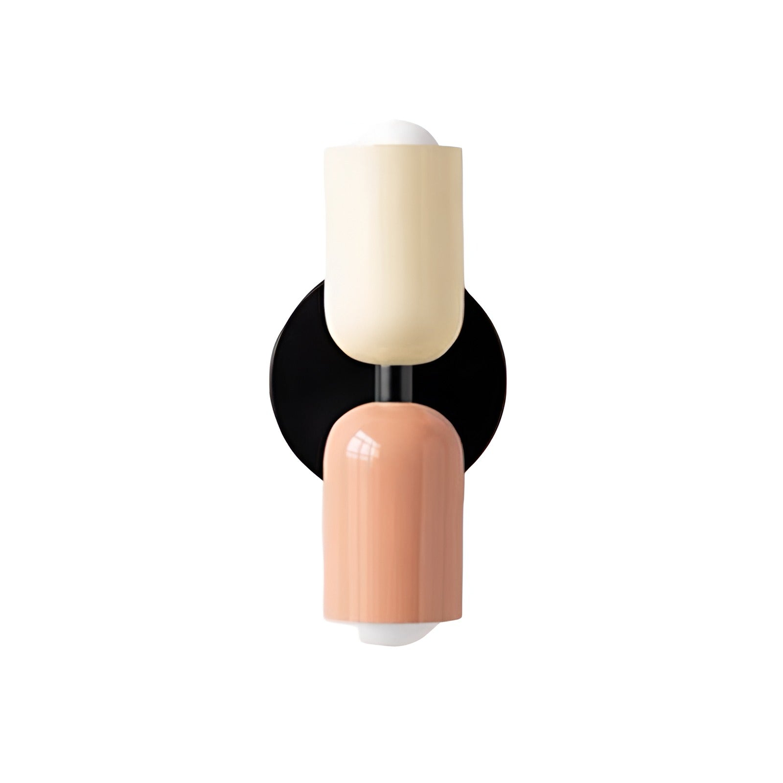 Up and down wall light with black round base and cream and pink shades