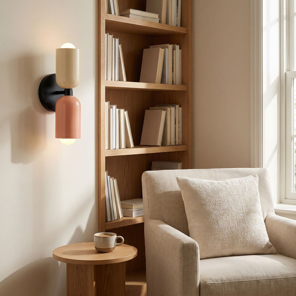 Two Tone Double Head Iron Wall Light beside a reading nook and bookshelf