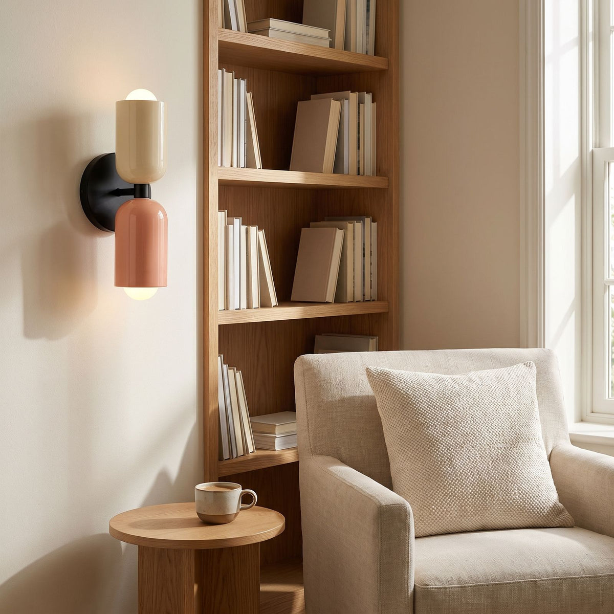 Two Tone Double Head Iron Wall Light beside a reading nook and bookshelf