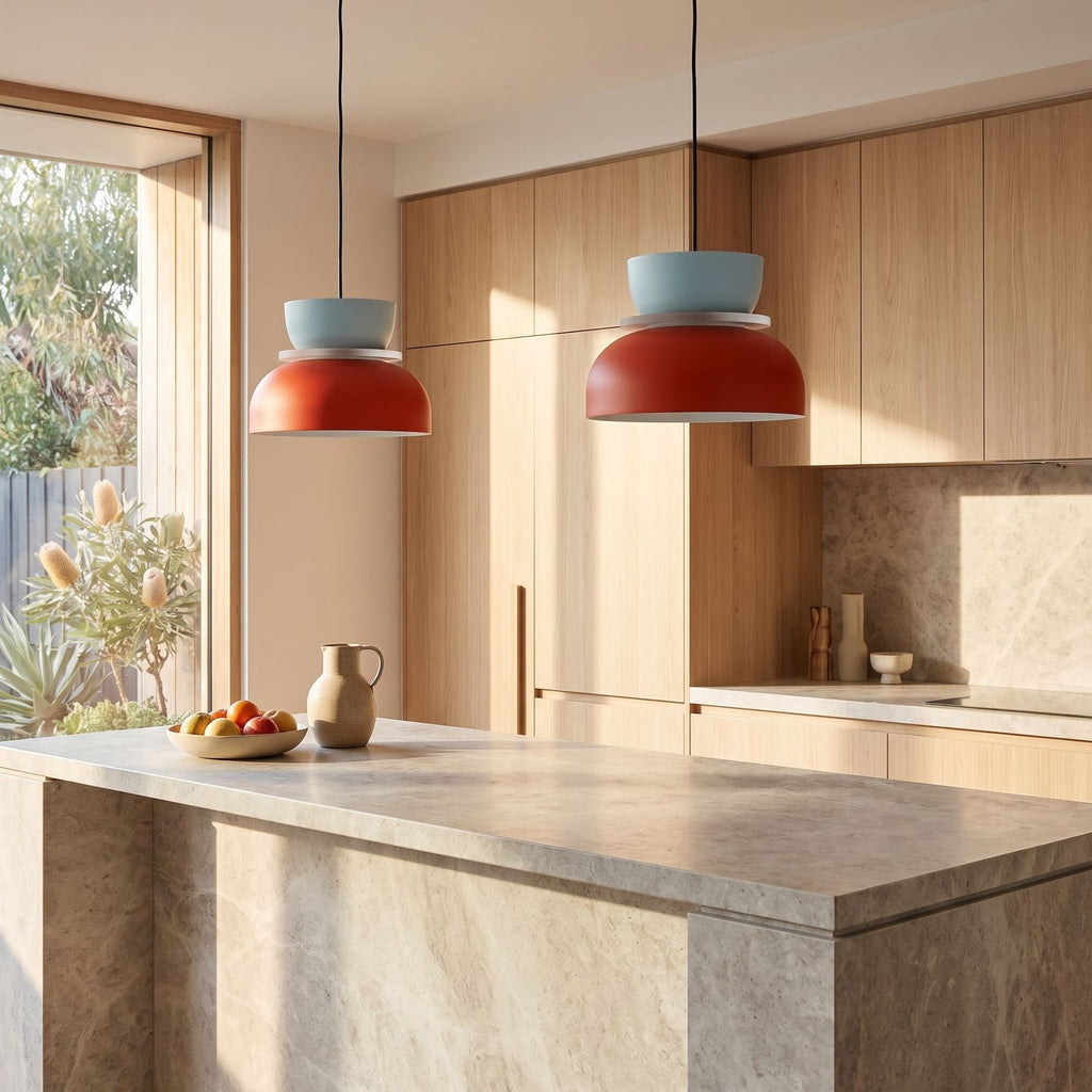 Two-Tone Stacked Metal Bowl Pendant Light in a pair over a stone kitchen island