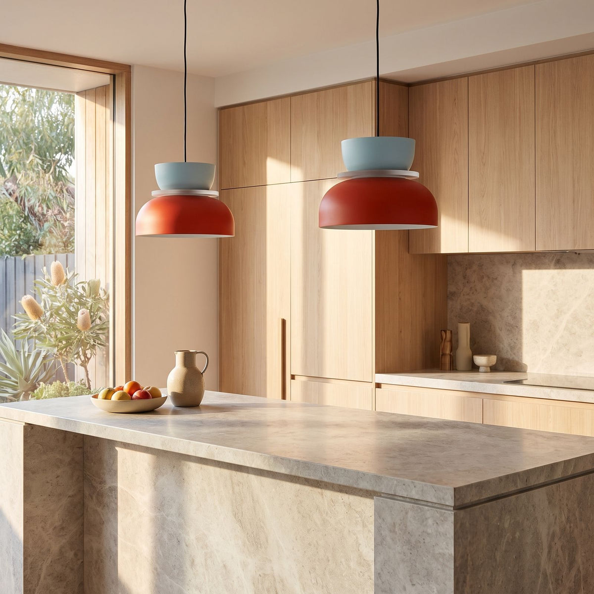Two-Tone Stacked Metal Bowl Pendant Light in a pair over a stone kitchen island