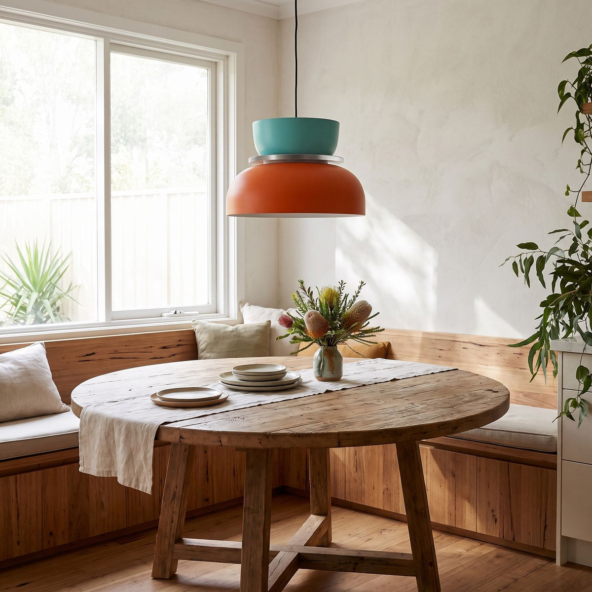 Two-Tone Stacked Metal Bowl Pendant Light above a round table in a breakfast nook