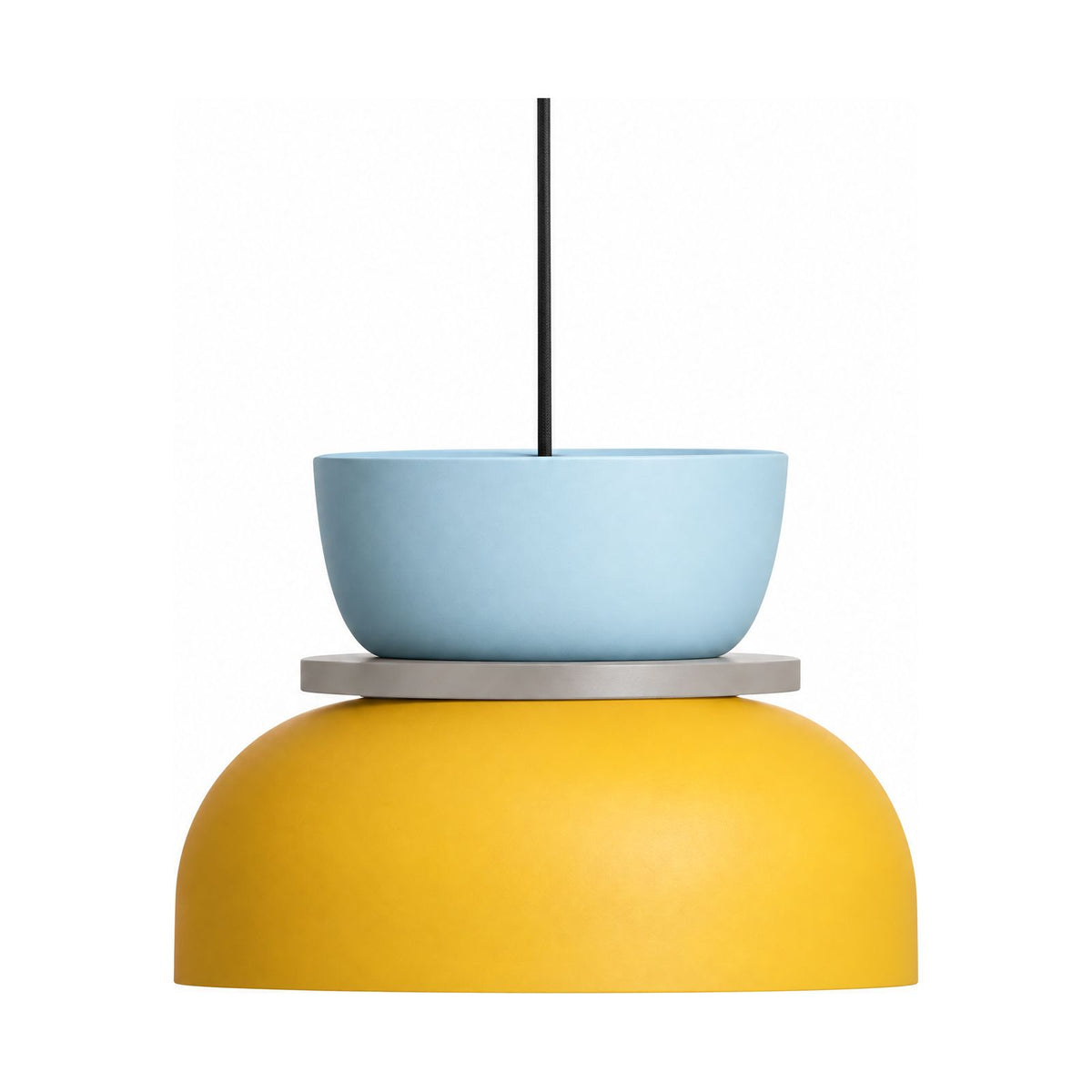 Two-Tone Stacked Metal Bowl Pendant Light in light blue and yellow on a white background