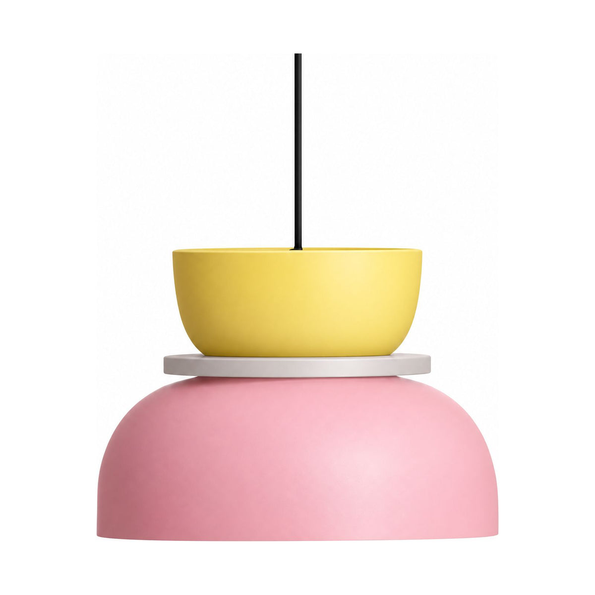 Two-Tone Stacked Metal Bowl Pendant Light in yellow and light pink on a white background
