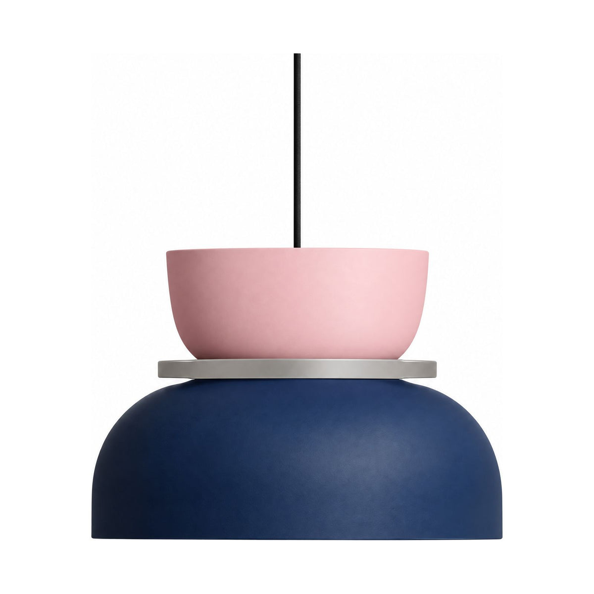 Two-Tone Stacked Metal Bowl Pendant Light in pink and navy blue on a white background