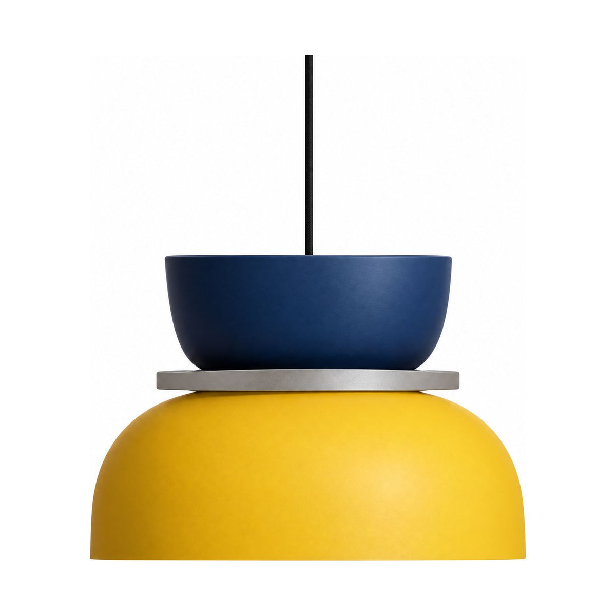 Two-Tone Stacked Metal Bowl Pendant Light in navy blue and yellow on a white background
