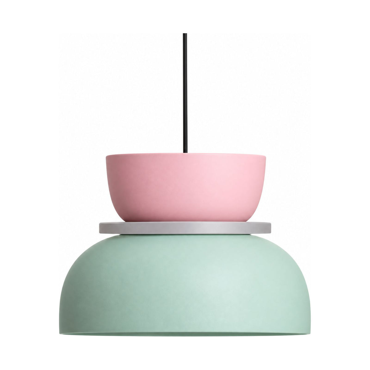 Two-Tone Stacked Metal Bowl Pendant Light in pink and mint green on a white background