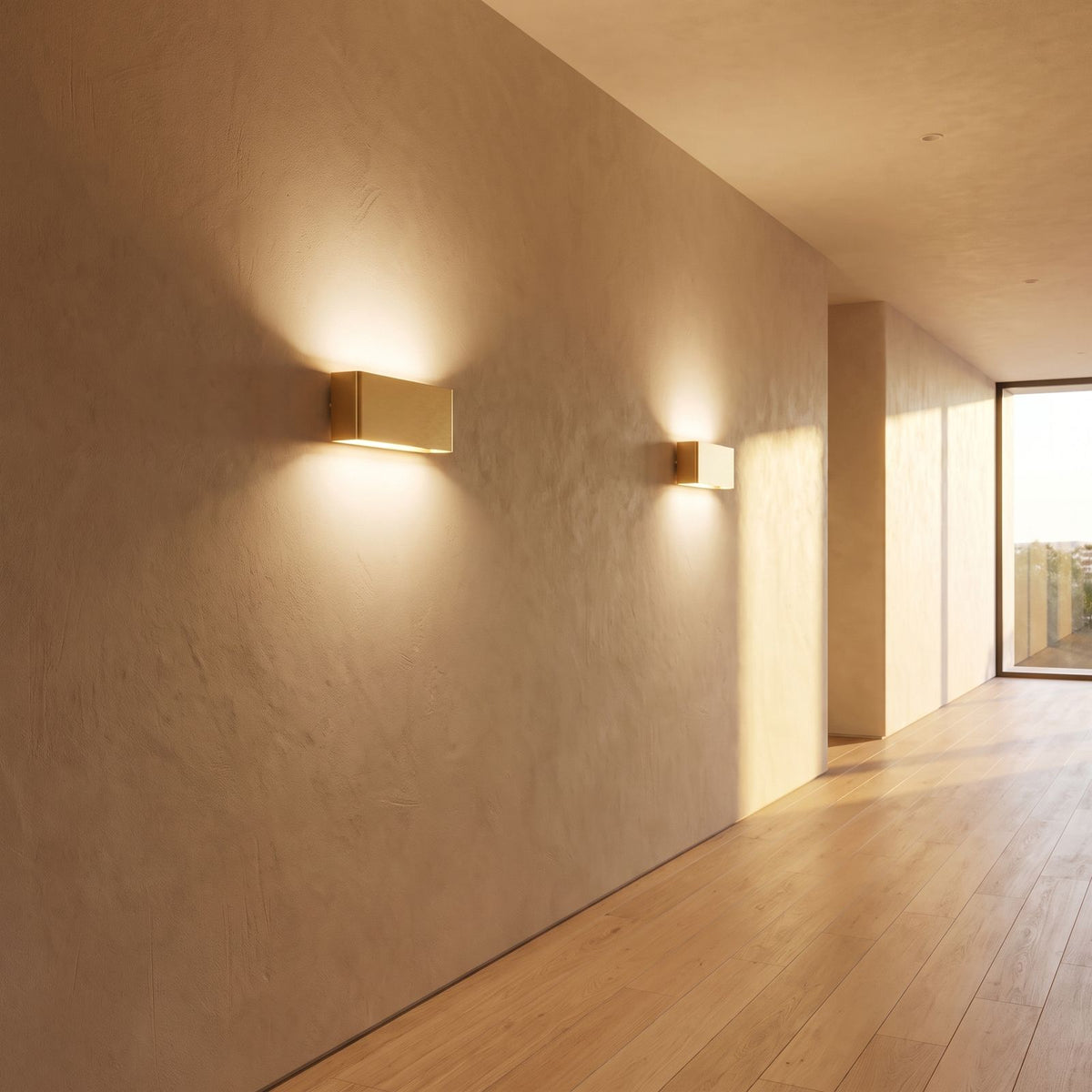 Ultra-thin up down LED wall light along a hallway, wide view