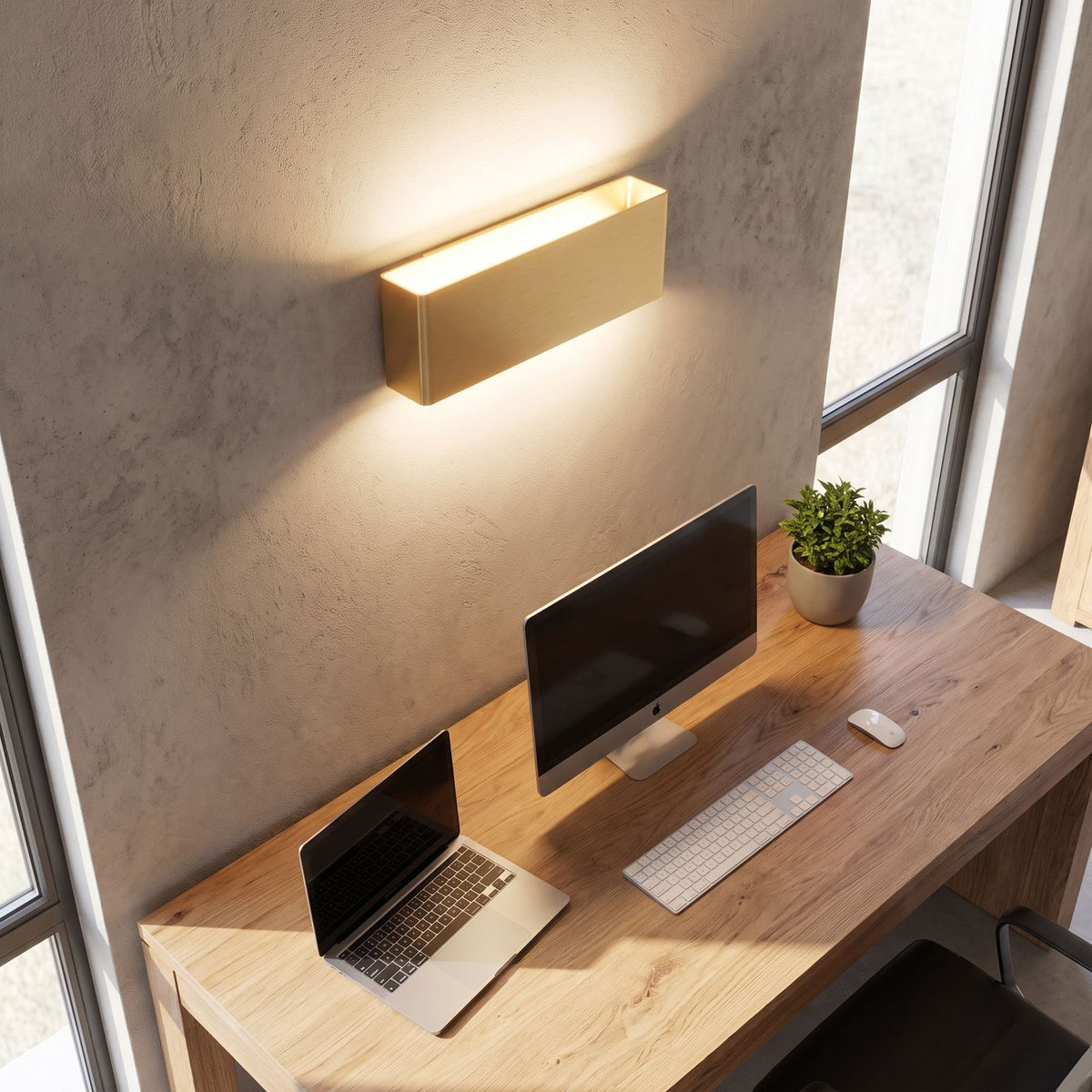Ultra-thin up down LED wall light above a home office desk in daylight